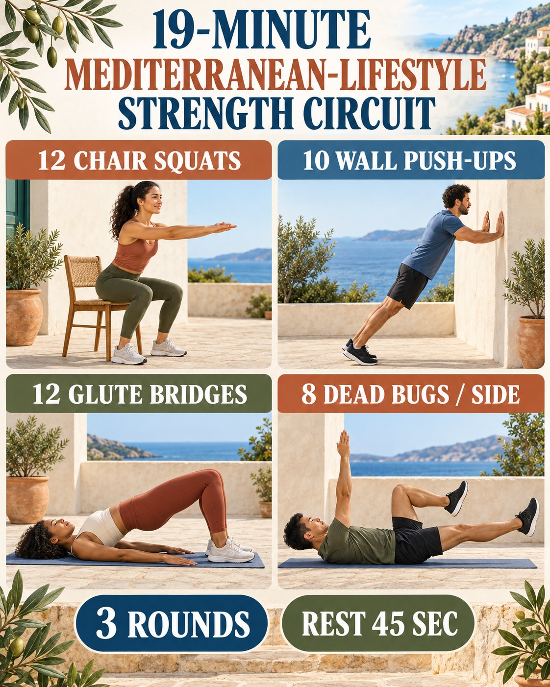 19-minute Mediterranean-lifestyle strength circuit with four illustrated exercises