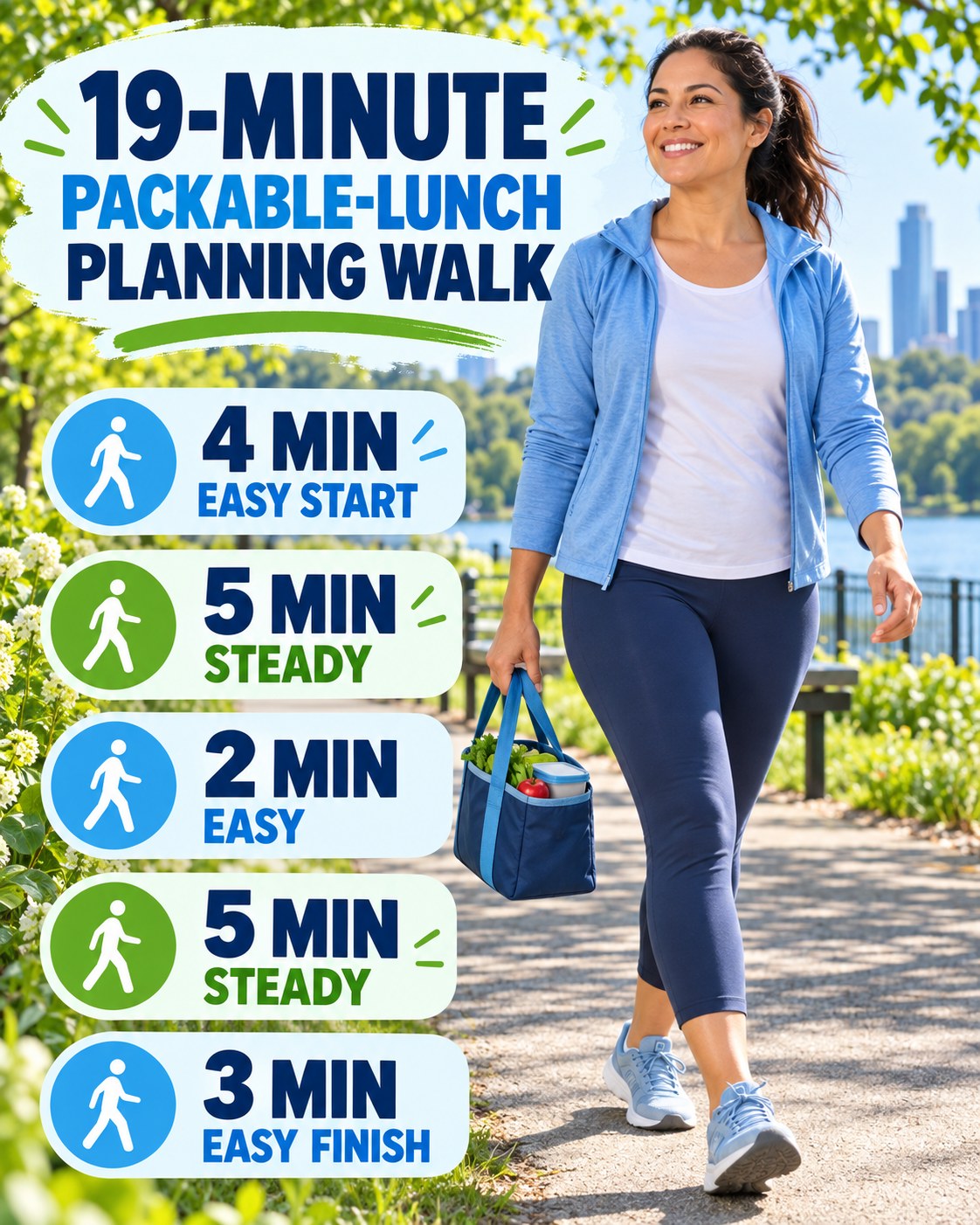 19-minute packable-lunch planning walking routine with two steady blocks and easy recovery