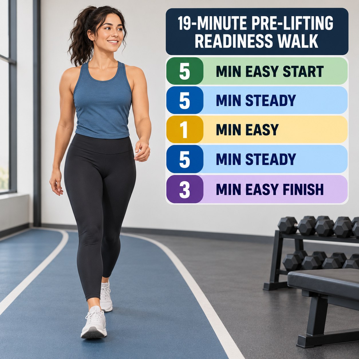 19-minute pre-lifting readiness walking routine with steady blocks and easy recovery