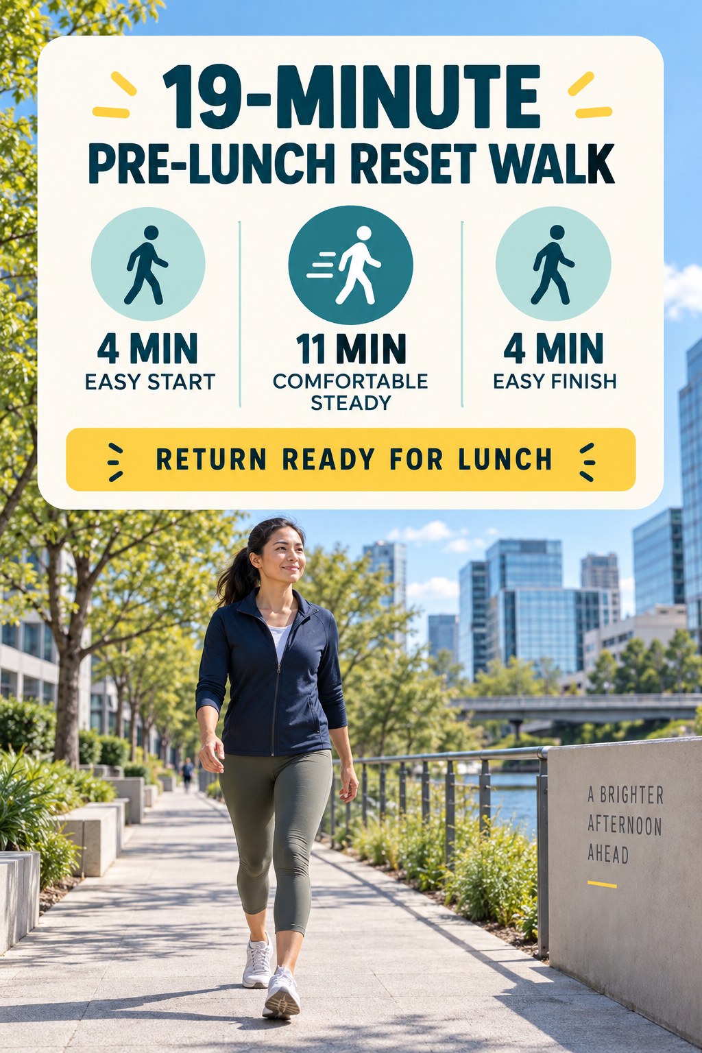 19-minute pre-lunch walking routine with easy start, comfortable steady middle and easy finish