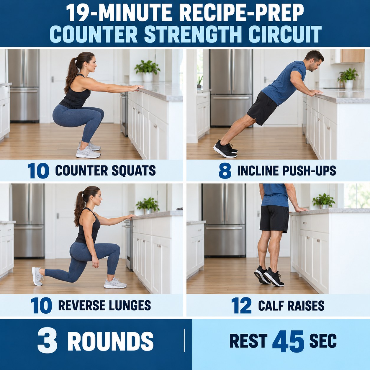 Recipe-prep counter strength circuit with counter squats, incline push-ups, reverse lunges, and calf raises