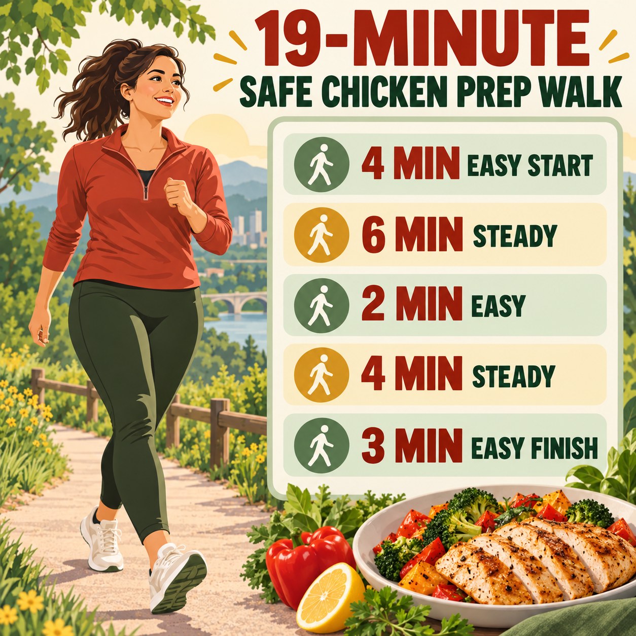 19-minute safe chicken prep walking routine with steady blocks and easy recovery