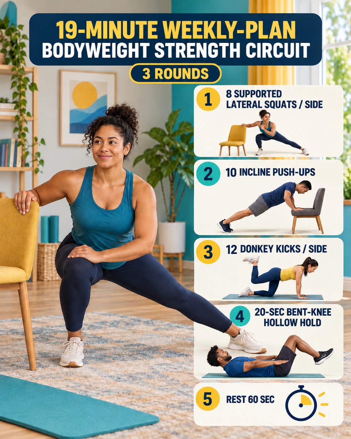 Woman doing a supported lateral squat beside a 19-minute weekly-plan bodyweight strength circuit infographic.