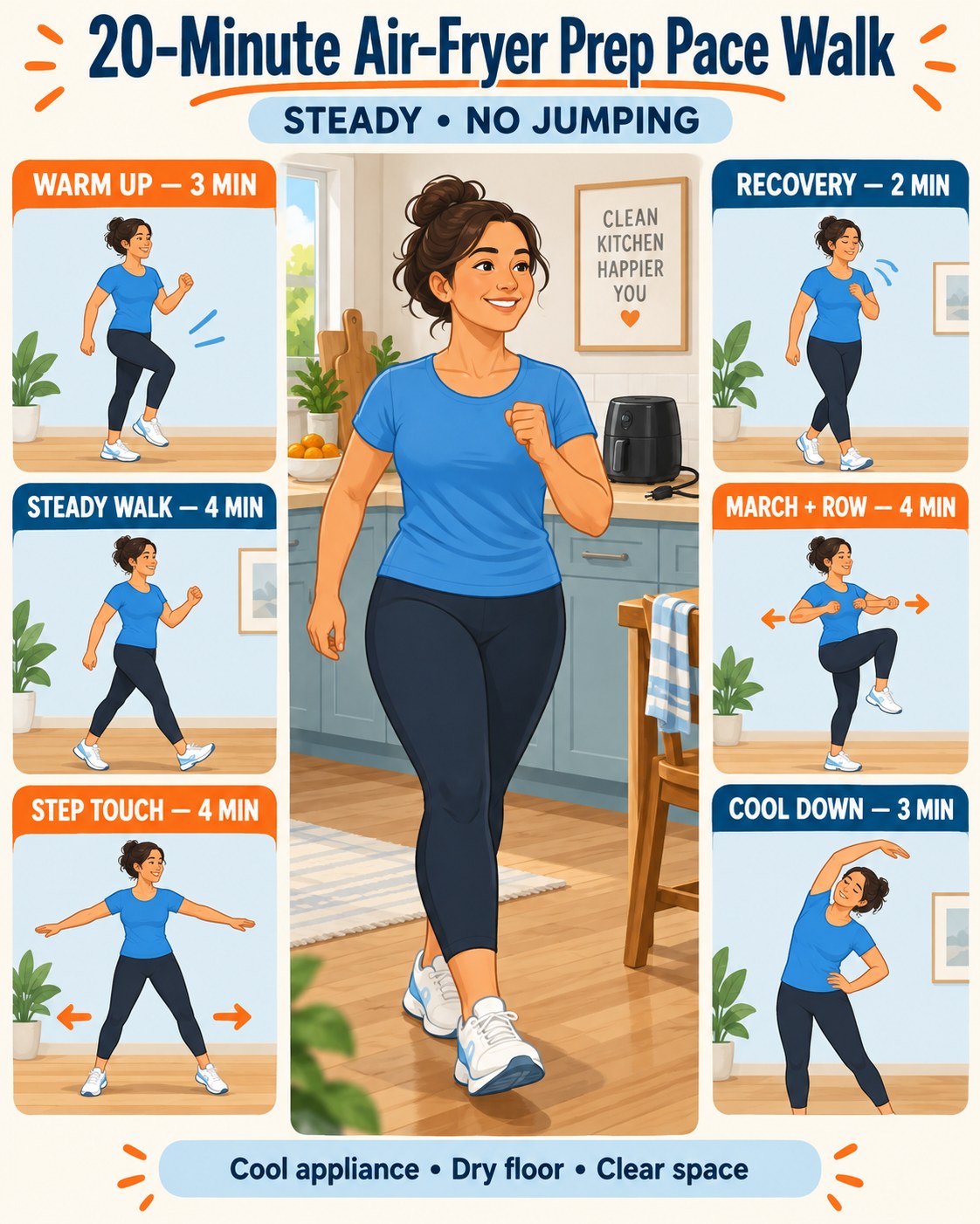 20-minute air-fryer prep pace walk infographic with six low-impact timed blocks