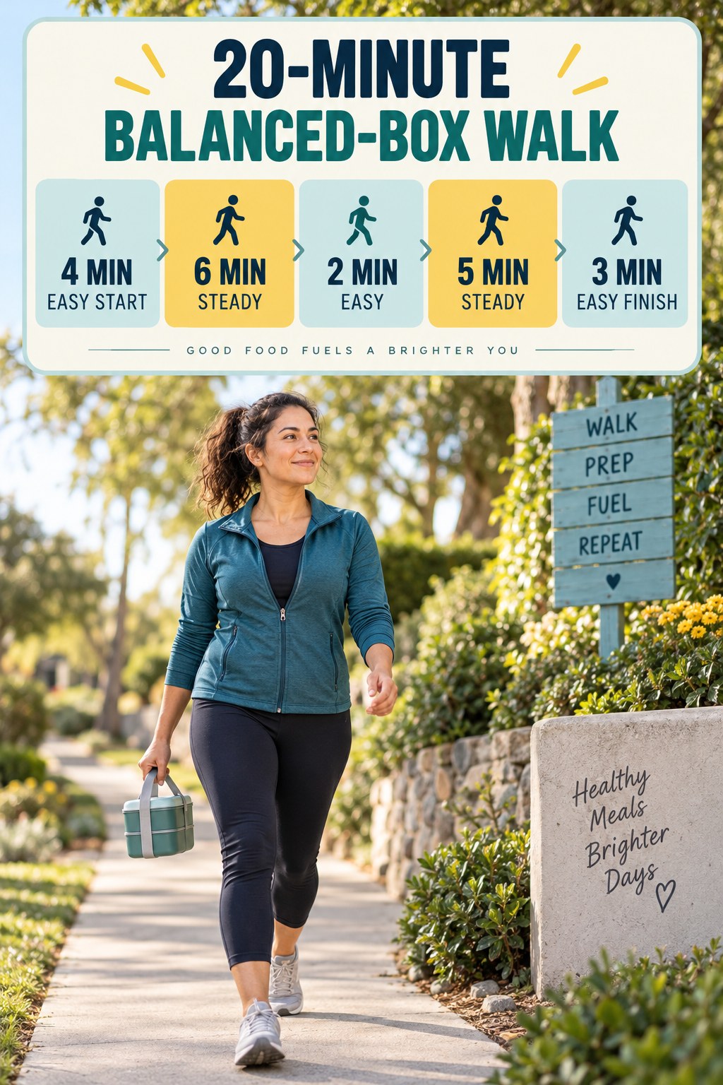 20-minute balanced-box planning walking routine with two steady blocks and easy recovery