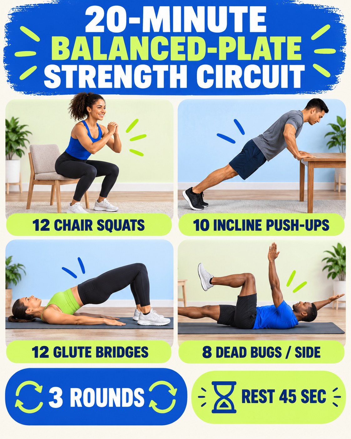 20-minute balanced-plate strength circuit with four illustrated bodyweight exercises
