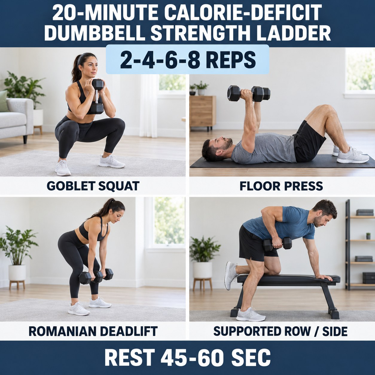 Calorie-deficit dumbbell strength ladder with goblet squats, floor presses, Romanian deadlifts, and supported rows