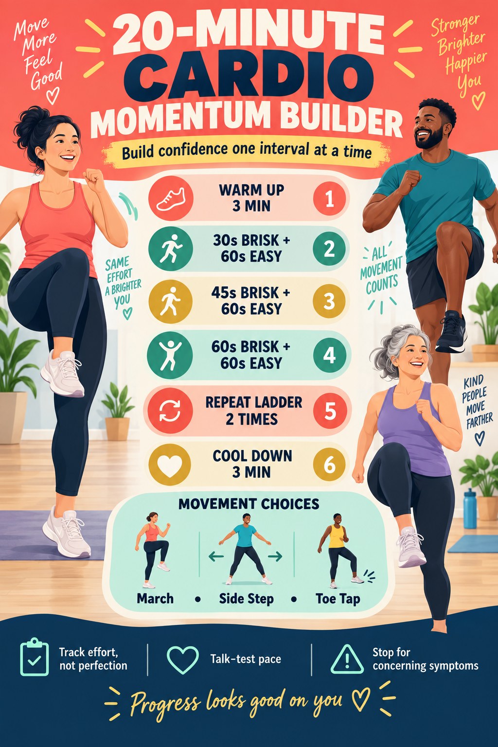 Cardio momentum builder infographic showing a warm-up, three brisk-to-easy ladder intervals, two repeats, movement choices, and a cool-down.