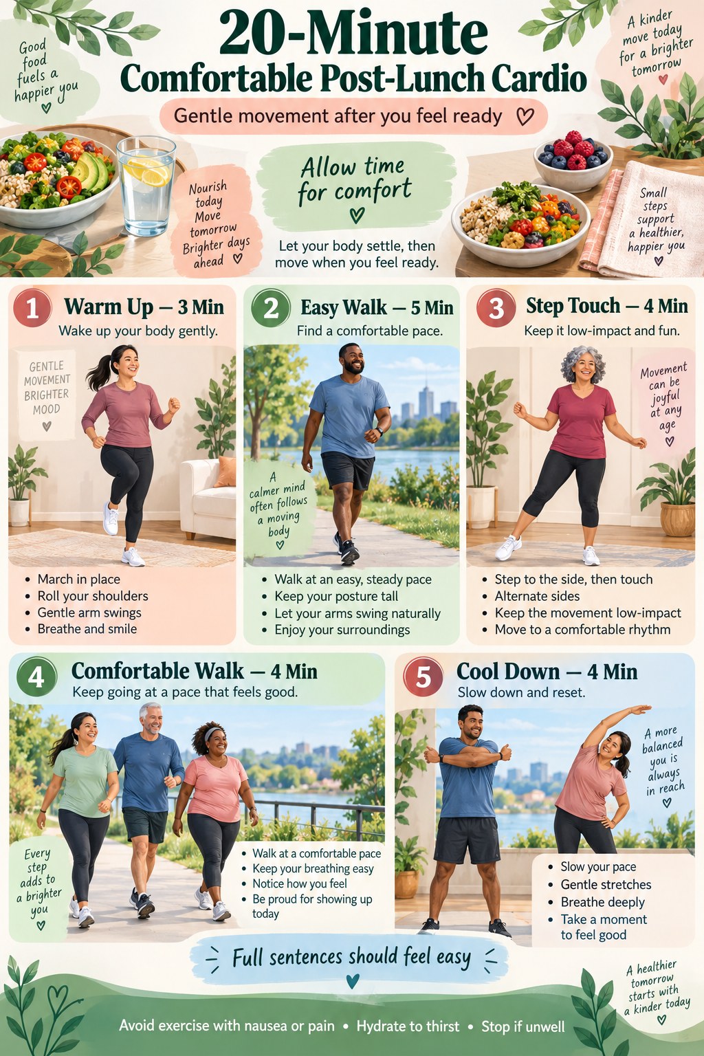 Post-lunch cardio infographic showing time for comfort, a warm-up, easy walking, step touches, comfortable walking, a cool-down, and full-sentence pacing.