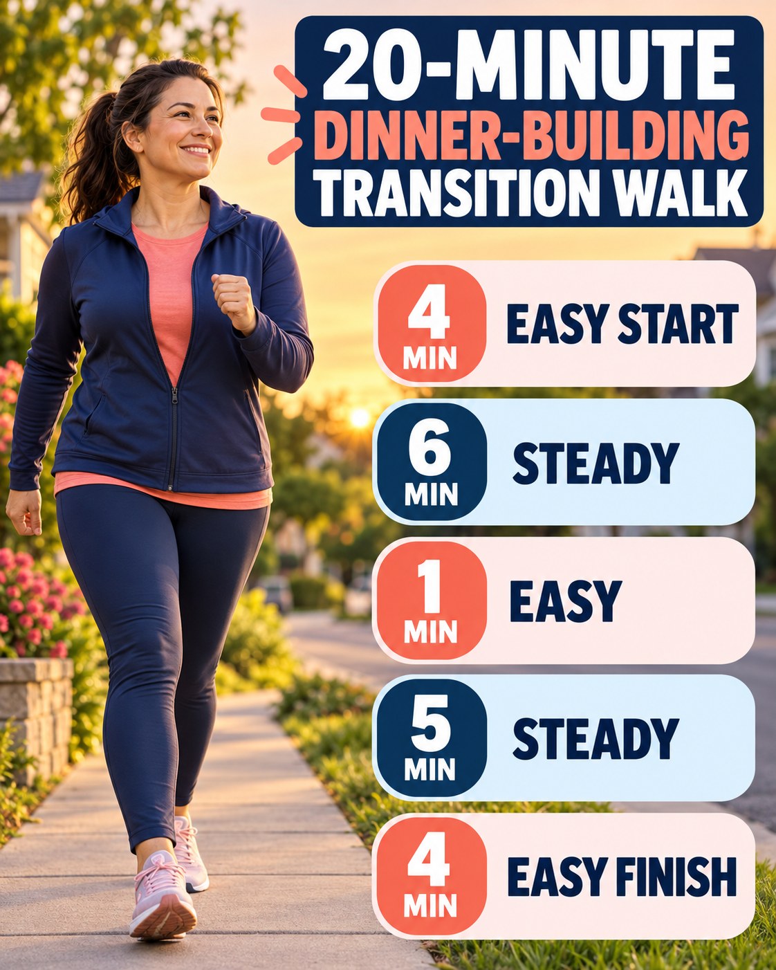 20-minute dinner-building transition walking routine with two steady blocks and easy recovery