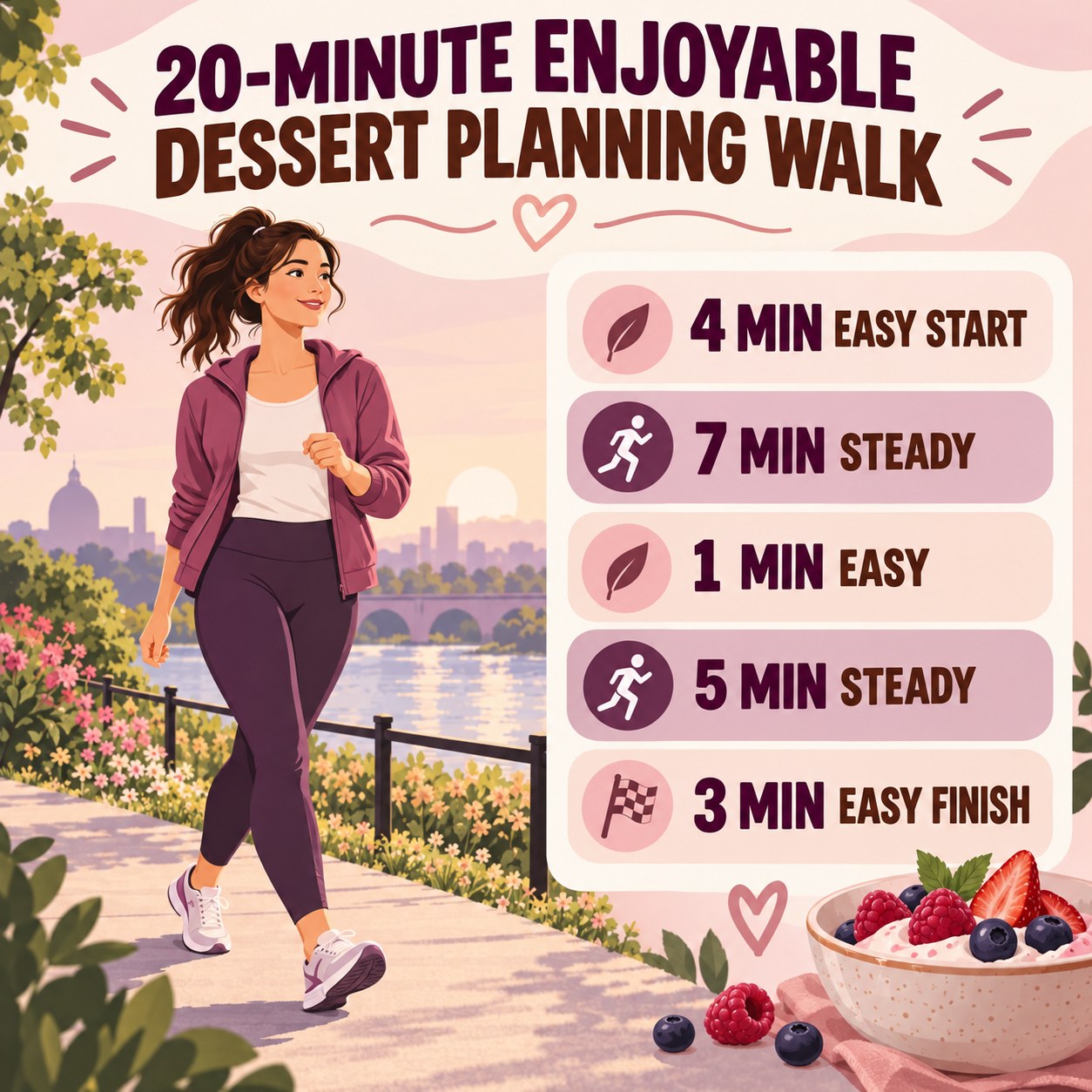 20-minute enjoyable dessert planning walking routine with steady blocks and easy recovery