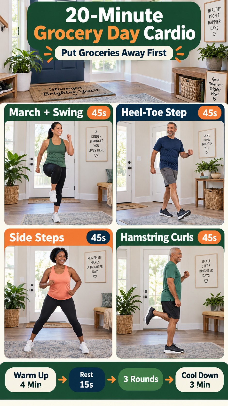 Low-impact grocery day cardio infographic showing marching, heel-toe steps, side steps, and standing hamstring curls.