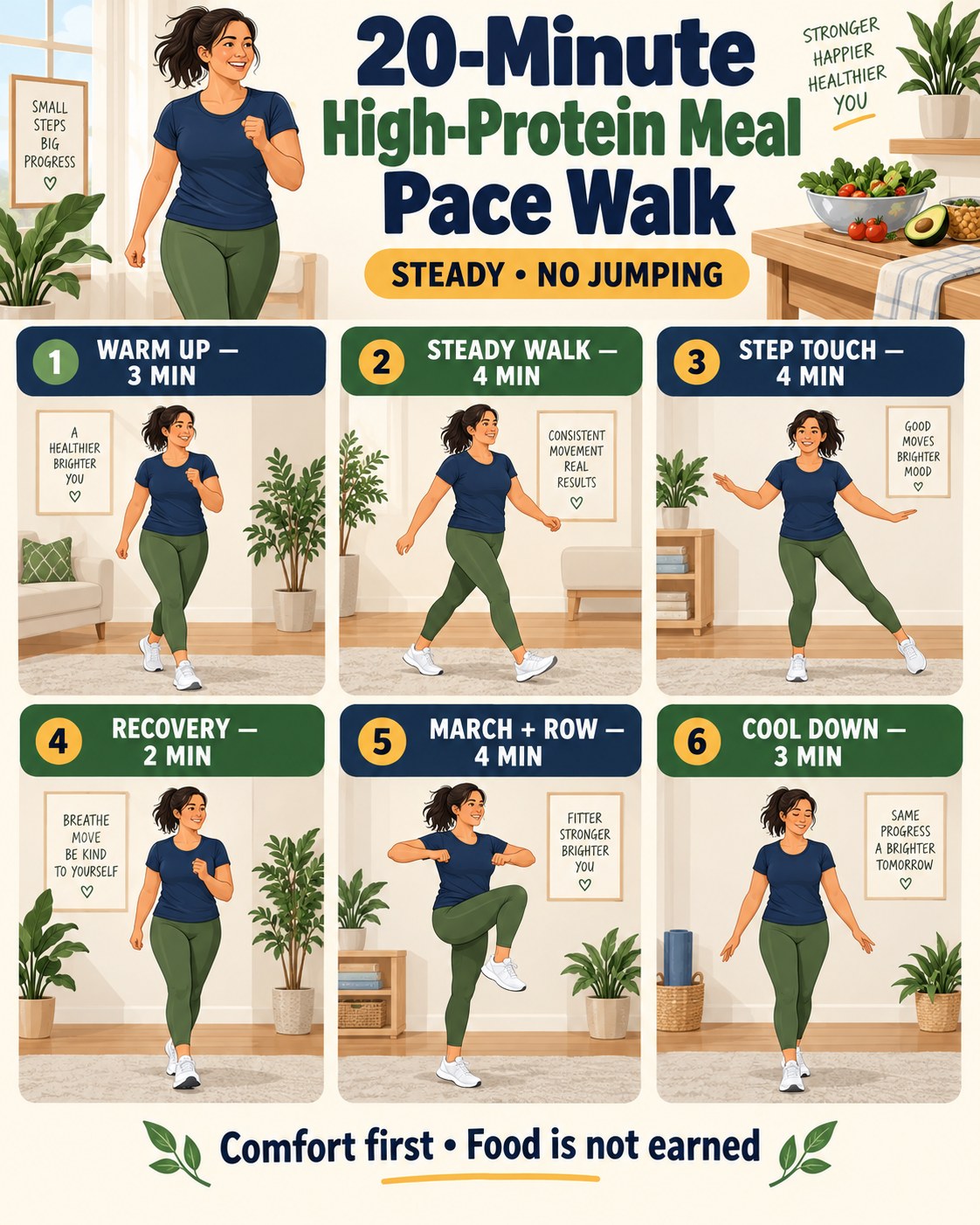 20-minute high-protein meal pace walk infographic with six low-impact timed blocks