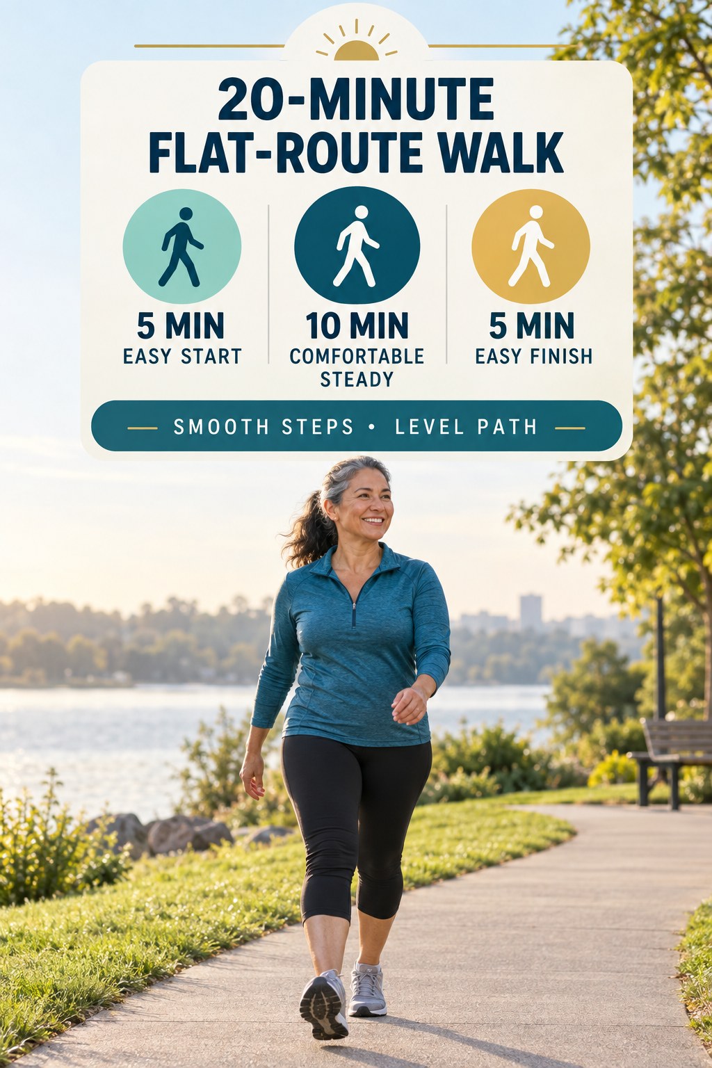 20-minute flat-route walking routine after 40 with easy start, comfortable steady walk and easy finish