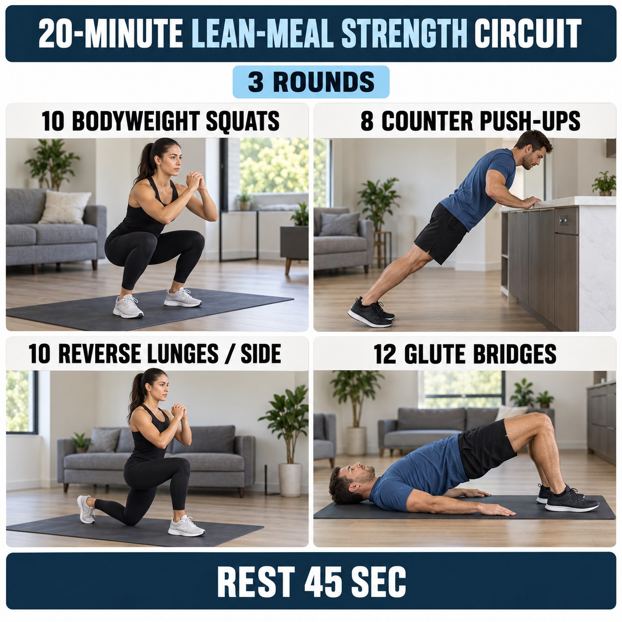 Lean-meal strength circuit with bodyweight squats, counter push-ups, reverse lunges, and glute bridges