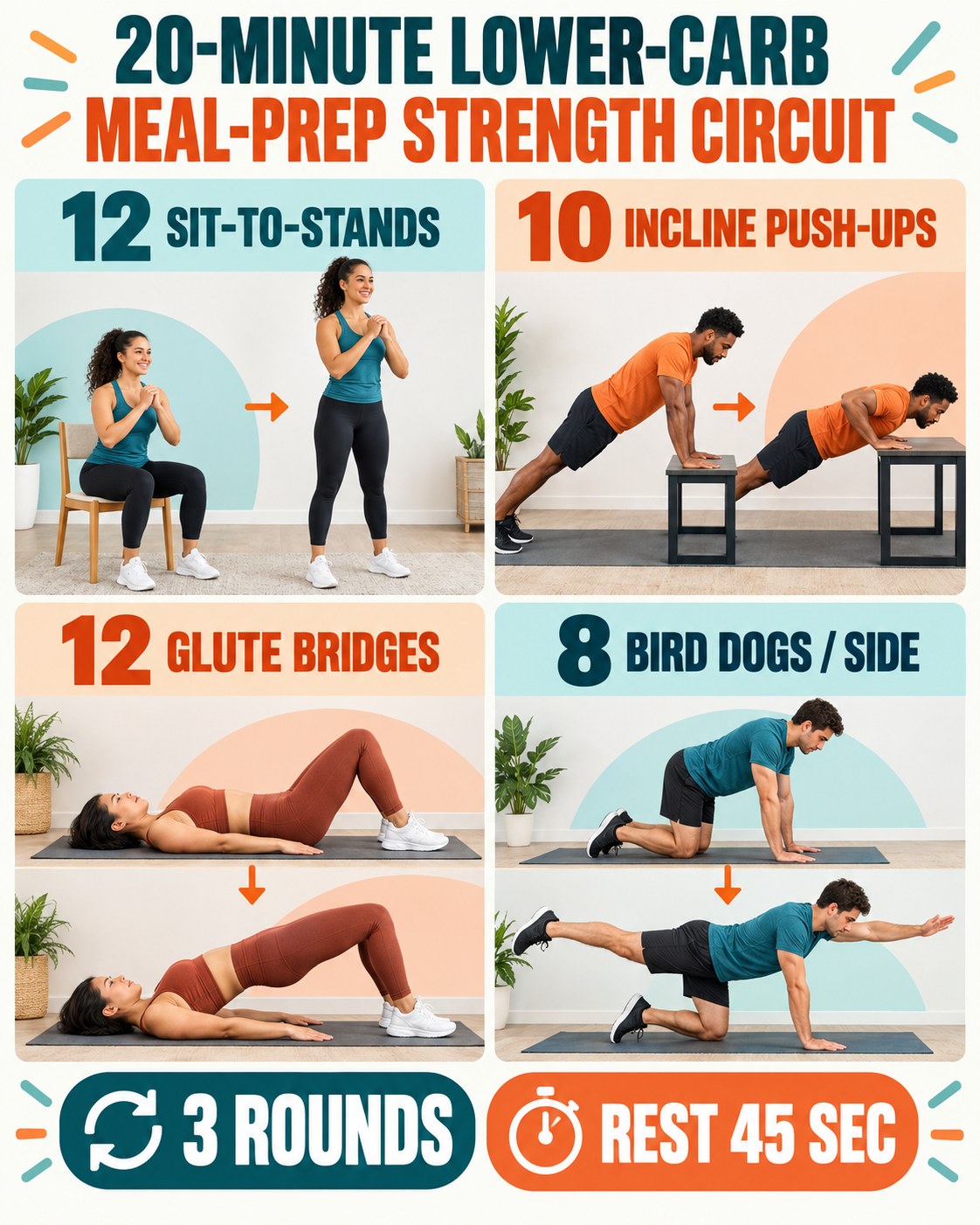 20-minute lower-carb meal-prep strength circuit with four illustrated bodyweight exercises