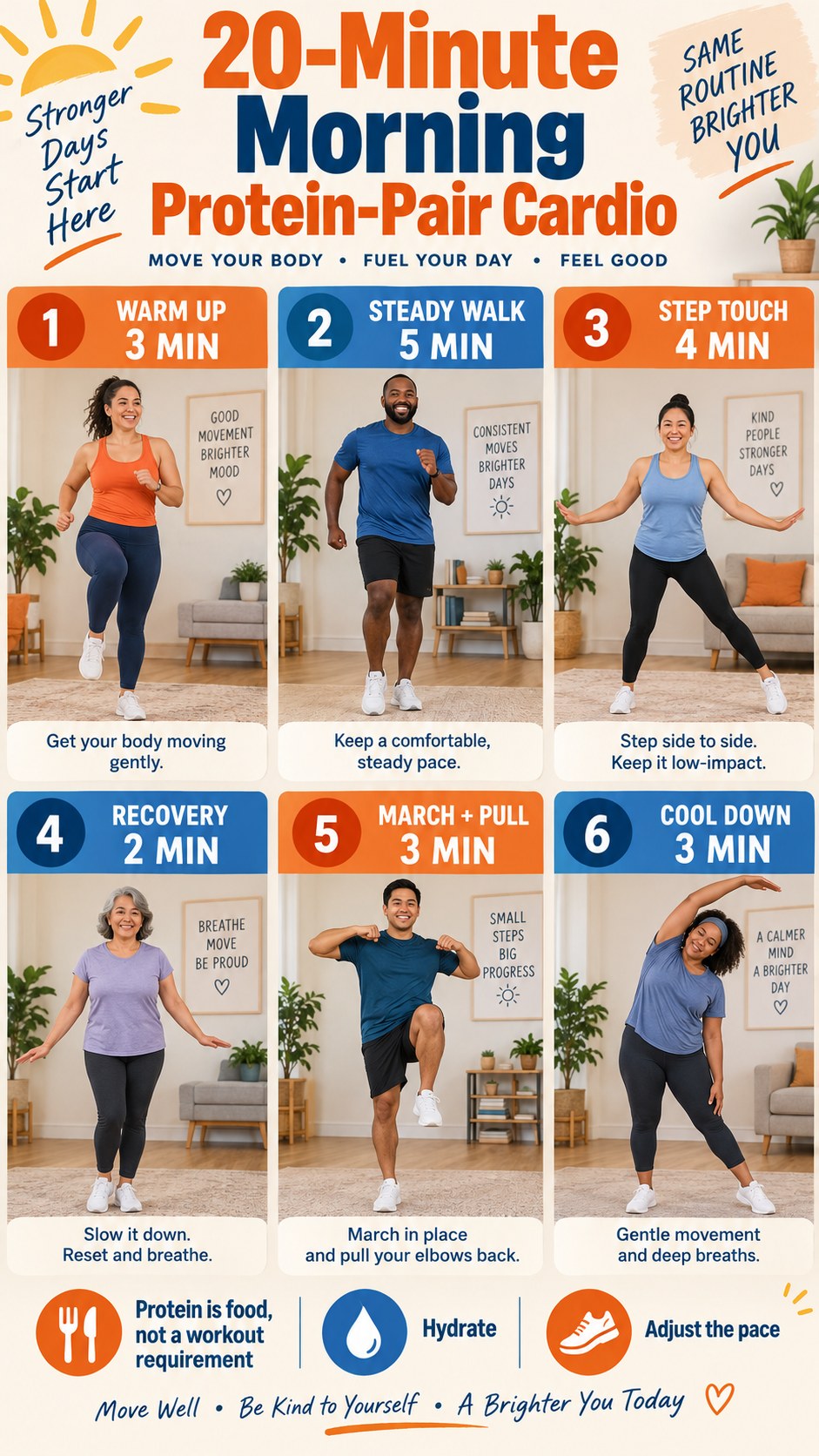 English infographic for 20-minute morning protein-pair cardio showing the timed low-impact workout, safety guidance, and cool-down.