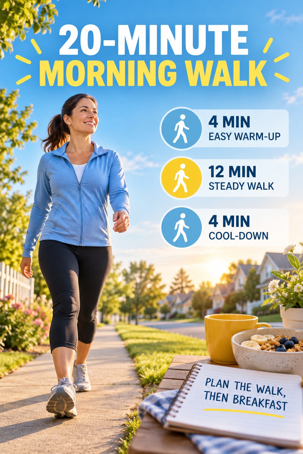 Adult walking in the morning beside a 20-minute routine and a planned breakfast setting.