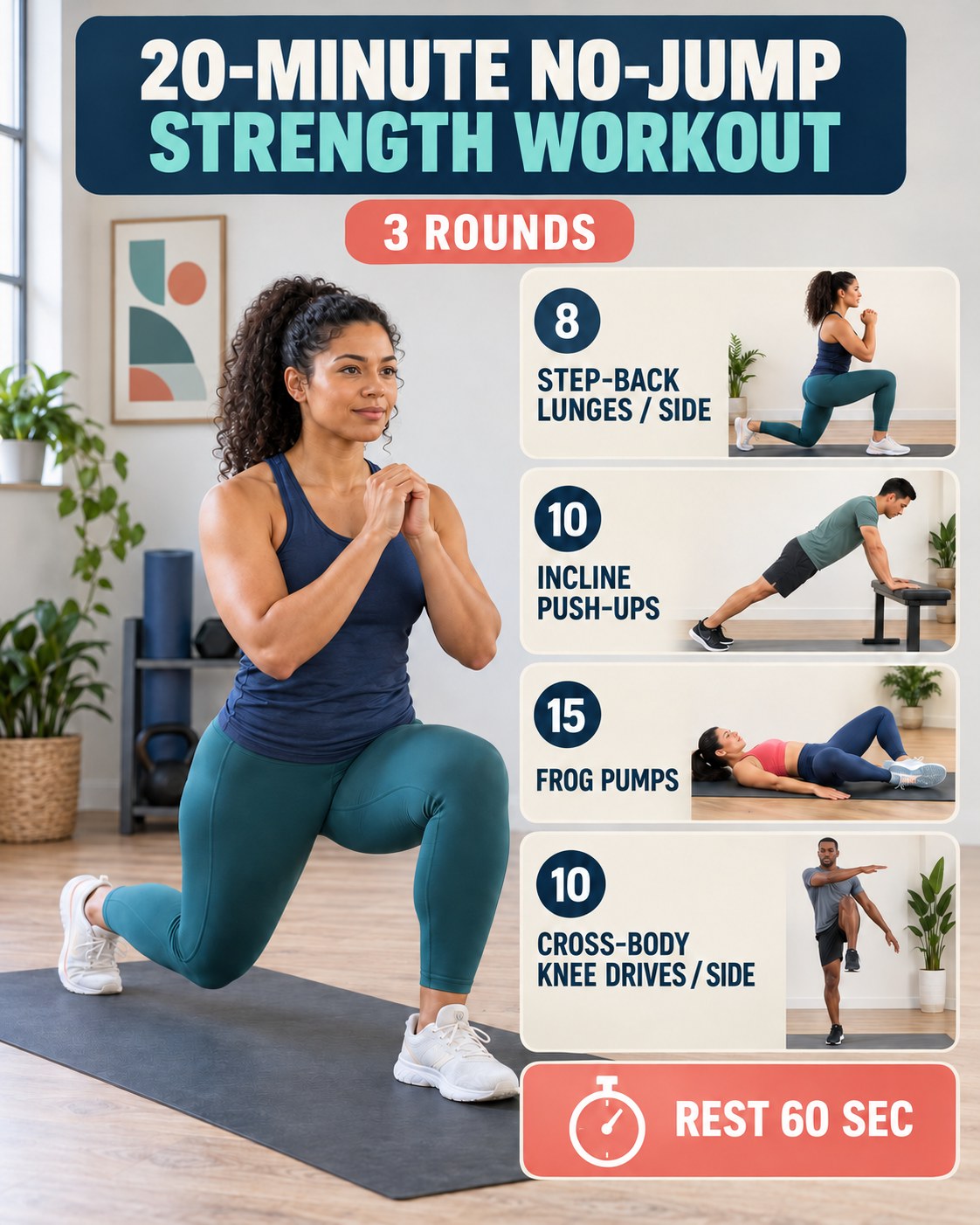 Woman doing a step-back lunge beside a 20-minute no-jump strength workout infographic.