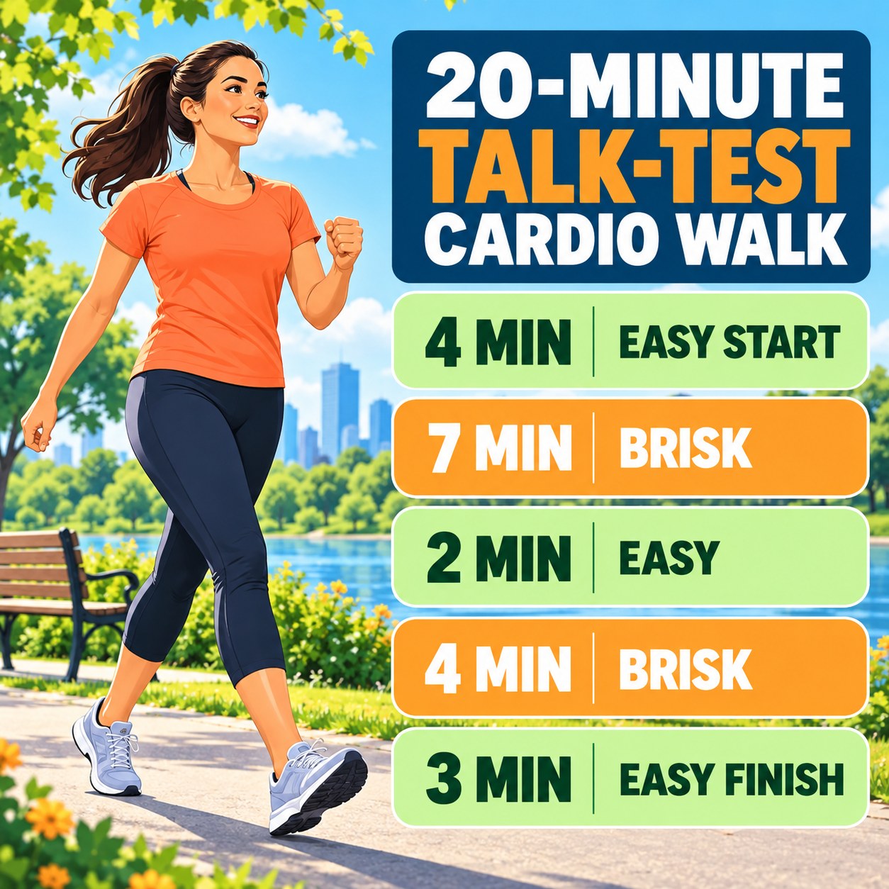 20-minute talk-test cardio walking routine with brisk blocks and easy recovery