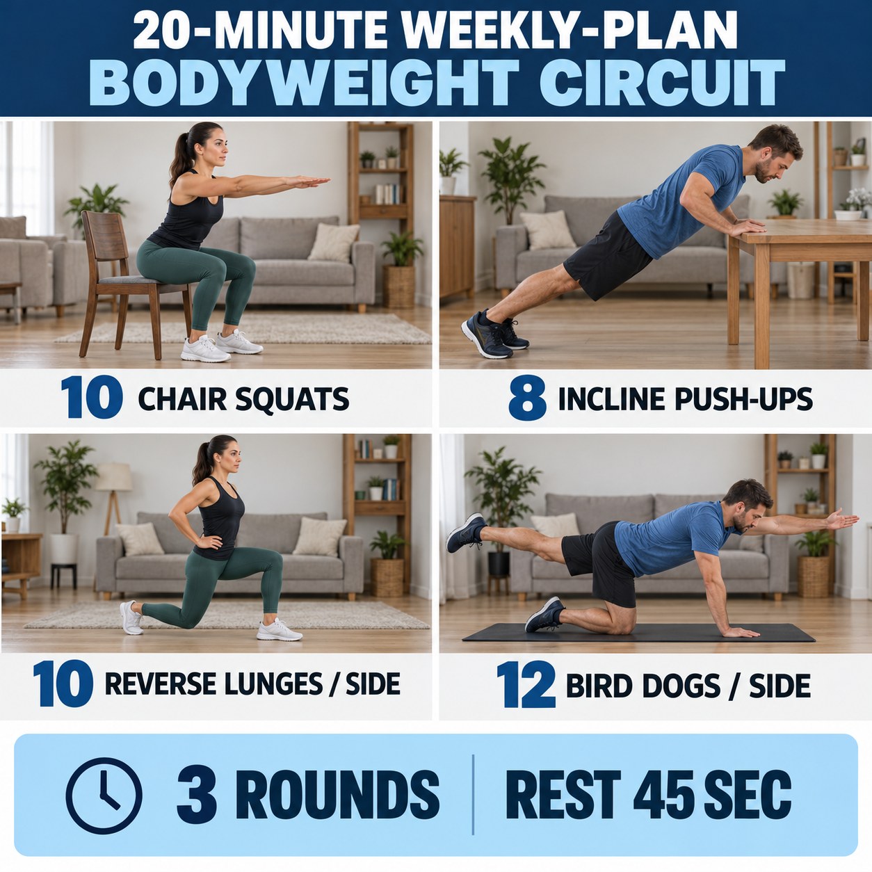 Weekly-plan bodyweight circuit with chair squats, incline push-ups, reverse lunges, and bird dogs