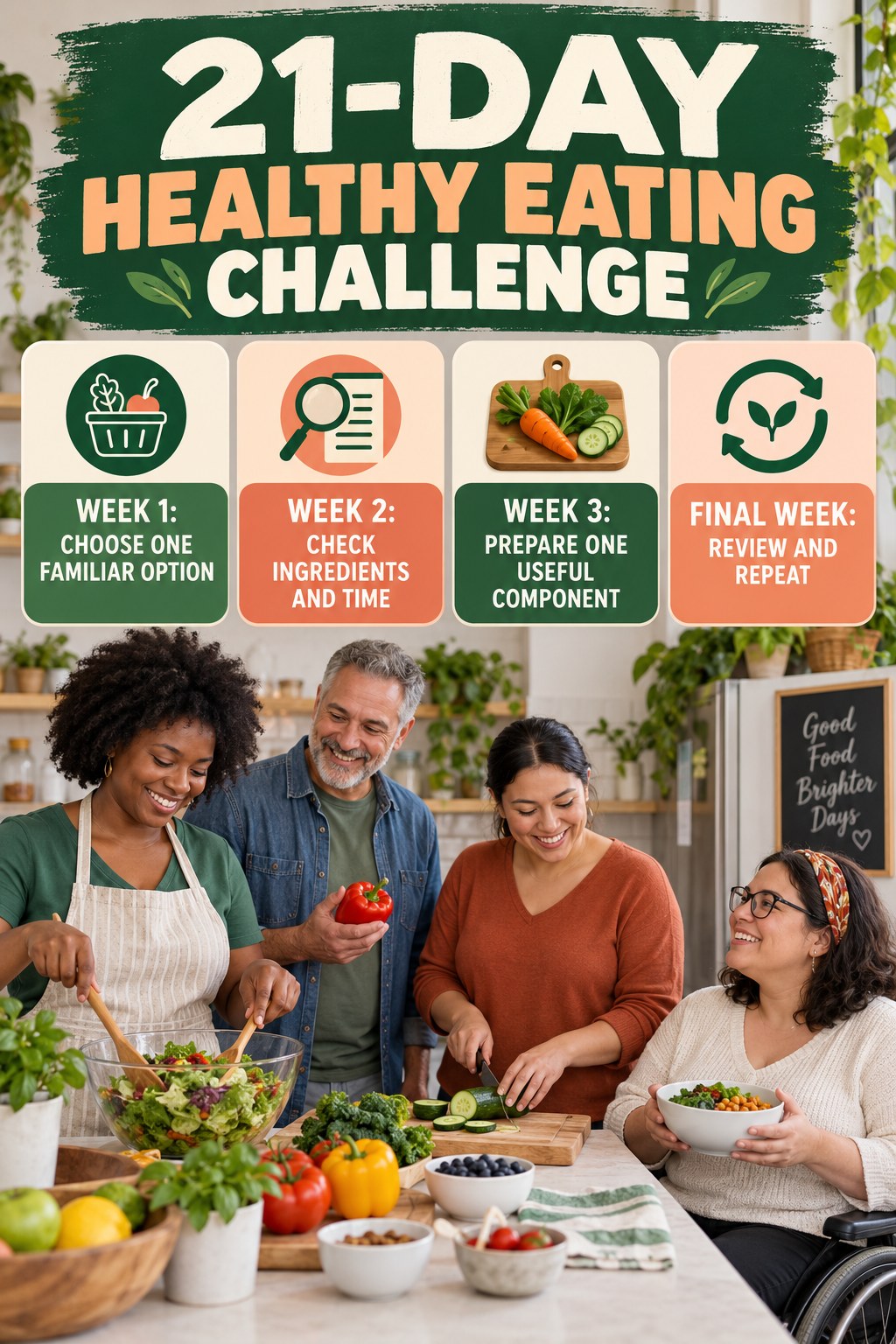 21-day Healthy Eating challenge graphic showing four manageable milestones for consistent practice.