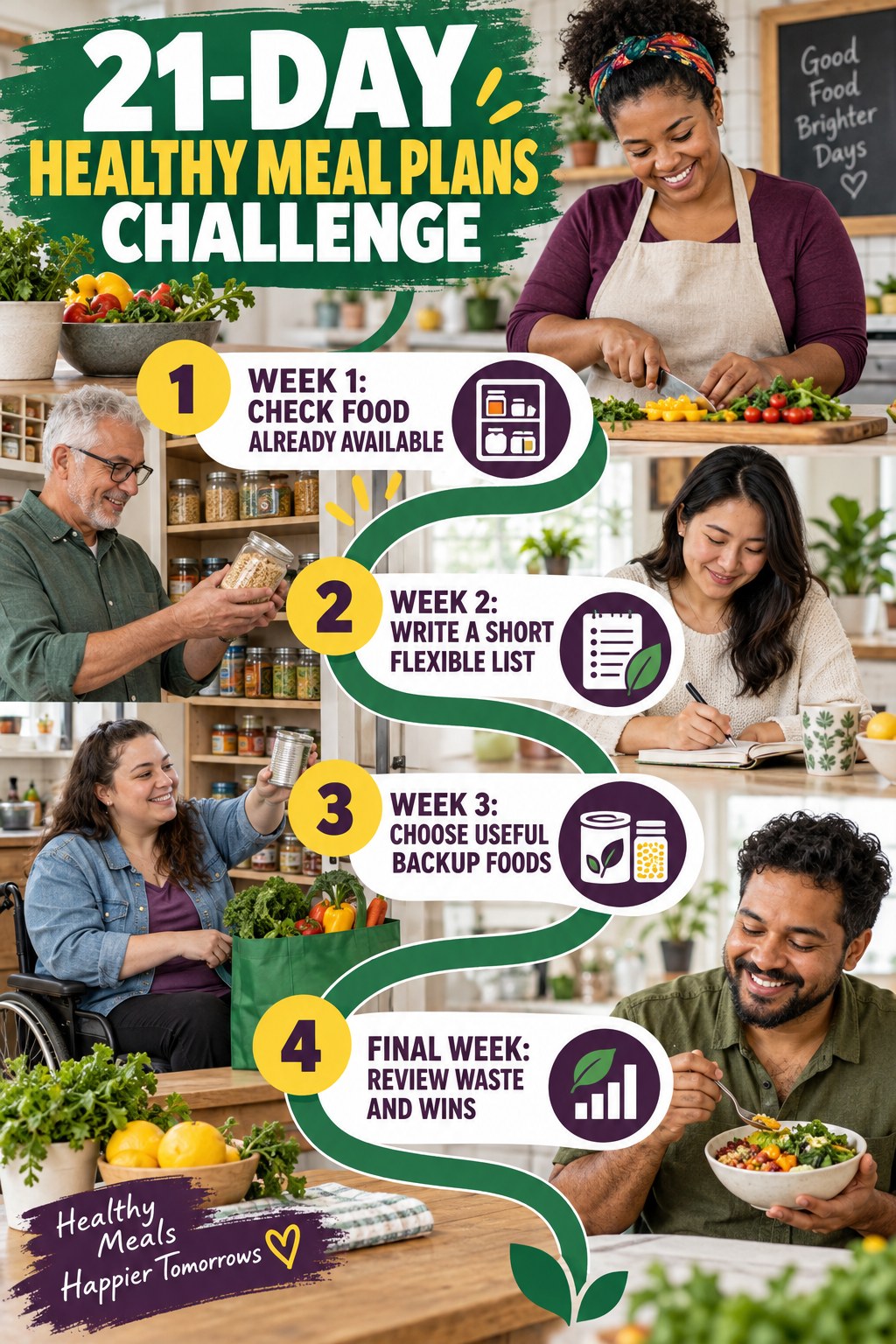 21-day Healthy Meal Plans challenge graphic showing four manageable milestones for consistent practice.