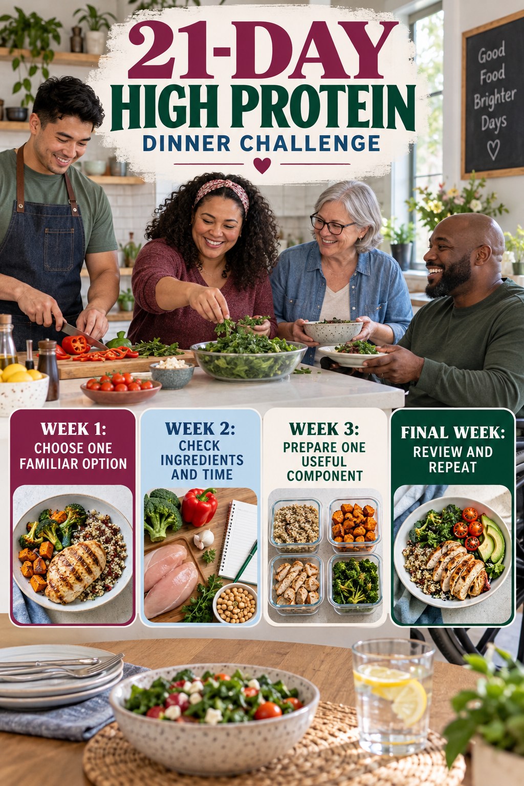 21-day High Protein Dinner challenge graphic showing four manageable milestones for consistent practice.