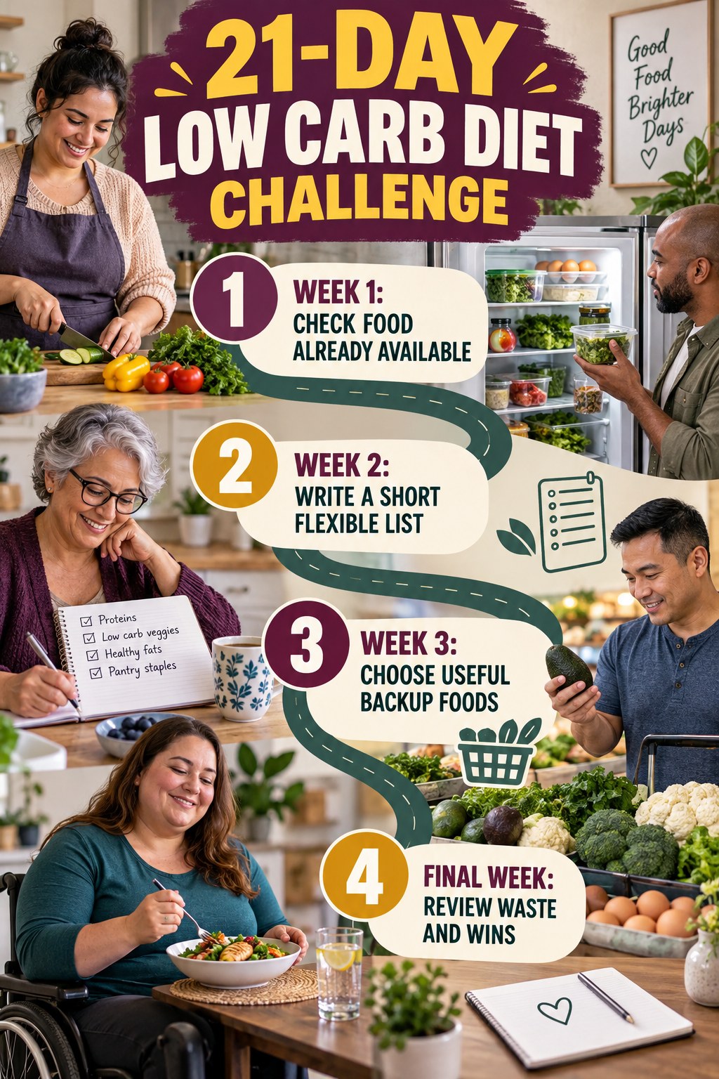 21-day Low Carb Diet challenge graphic showing four manageable milestones for consistent practice.