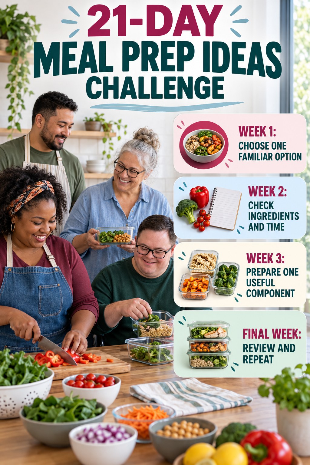 21-day Meal Prep Ideas challenge graphic showing four manageable milestones for consistent practice.