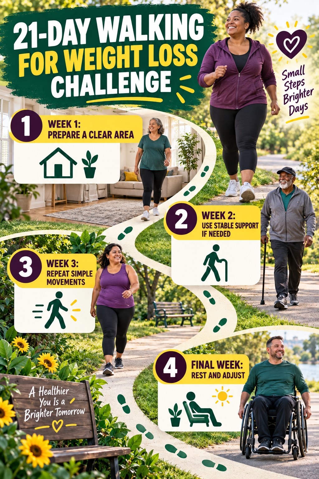 21-day Walking for Weight Loss challenge graphic showing four manageable milestones for consistent practice.