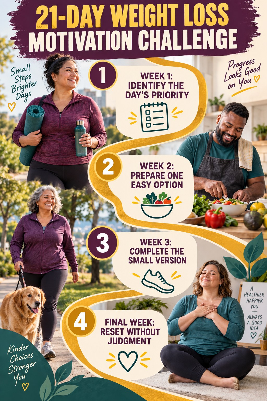 21-day Weight Loss Motivation challenge graphic showing four manageable milestones for consistent practice.