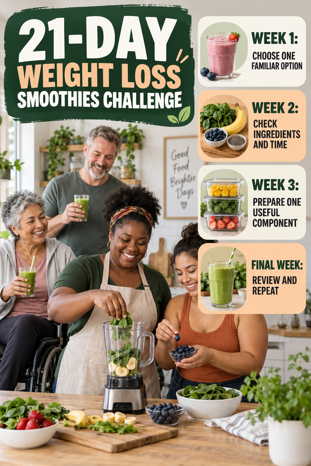 21-day Weight Loss Smoothies challenge graphic showing four manageable milestones for consistent practice.