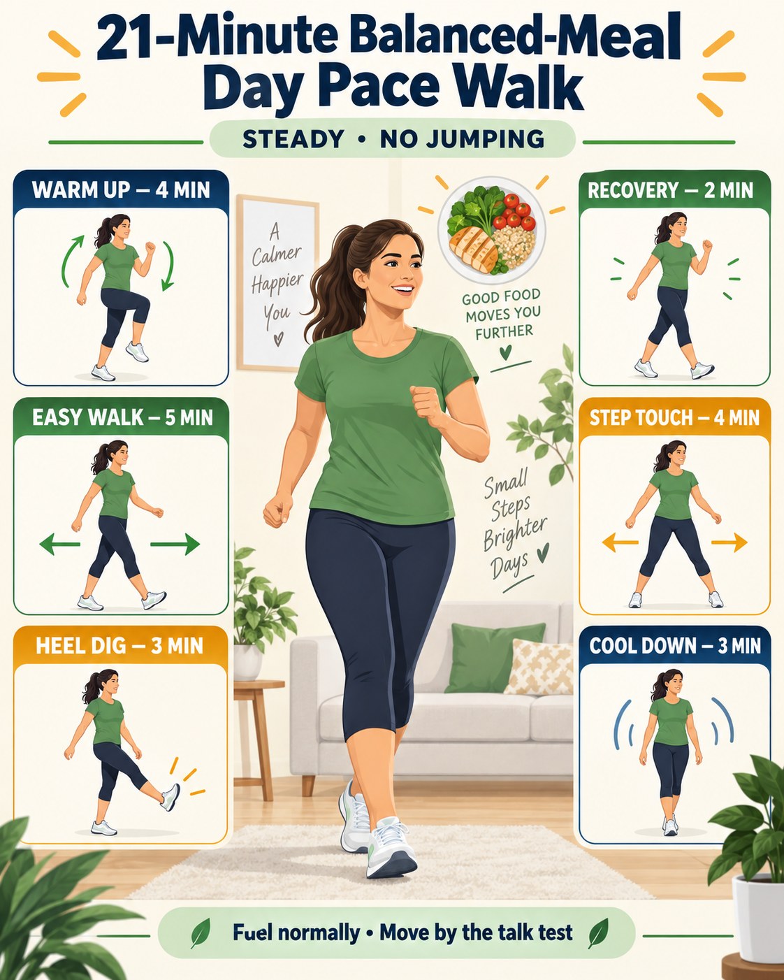 21-minute balanced-meal day pace walk infographic with six low-impact timed blocks