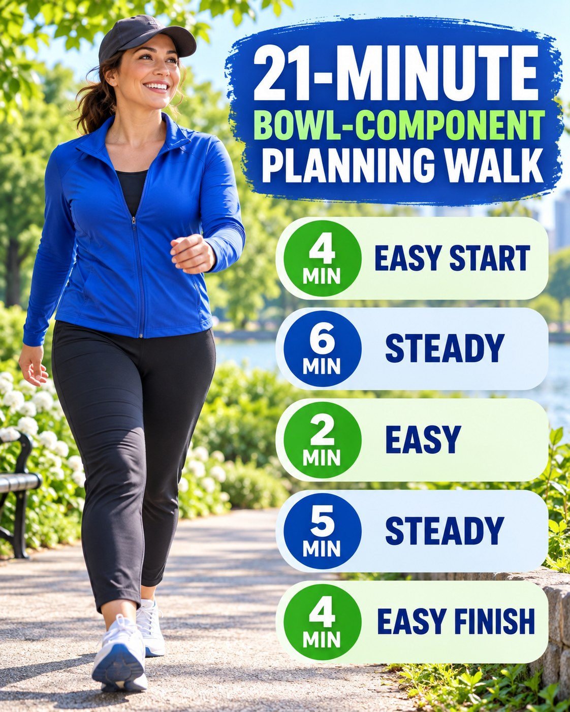 21-minute bowl-component planning walking routine with two steady blocks and easy recovery