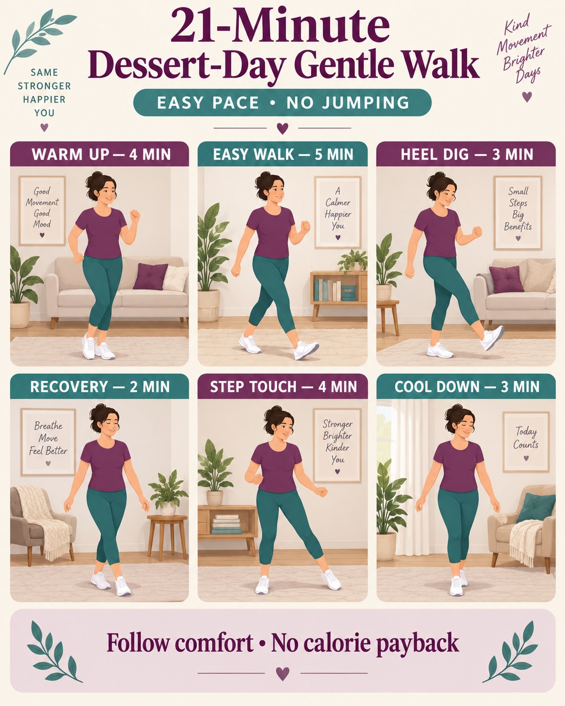 21-minute dessert-day gentle walk infographic with six low-impact timed blocks