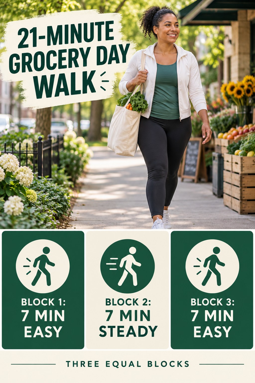 Adult walking near a grocery market beside a 21-minute routine divided into easy, steady, and easy seven-minute blocks.