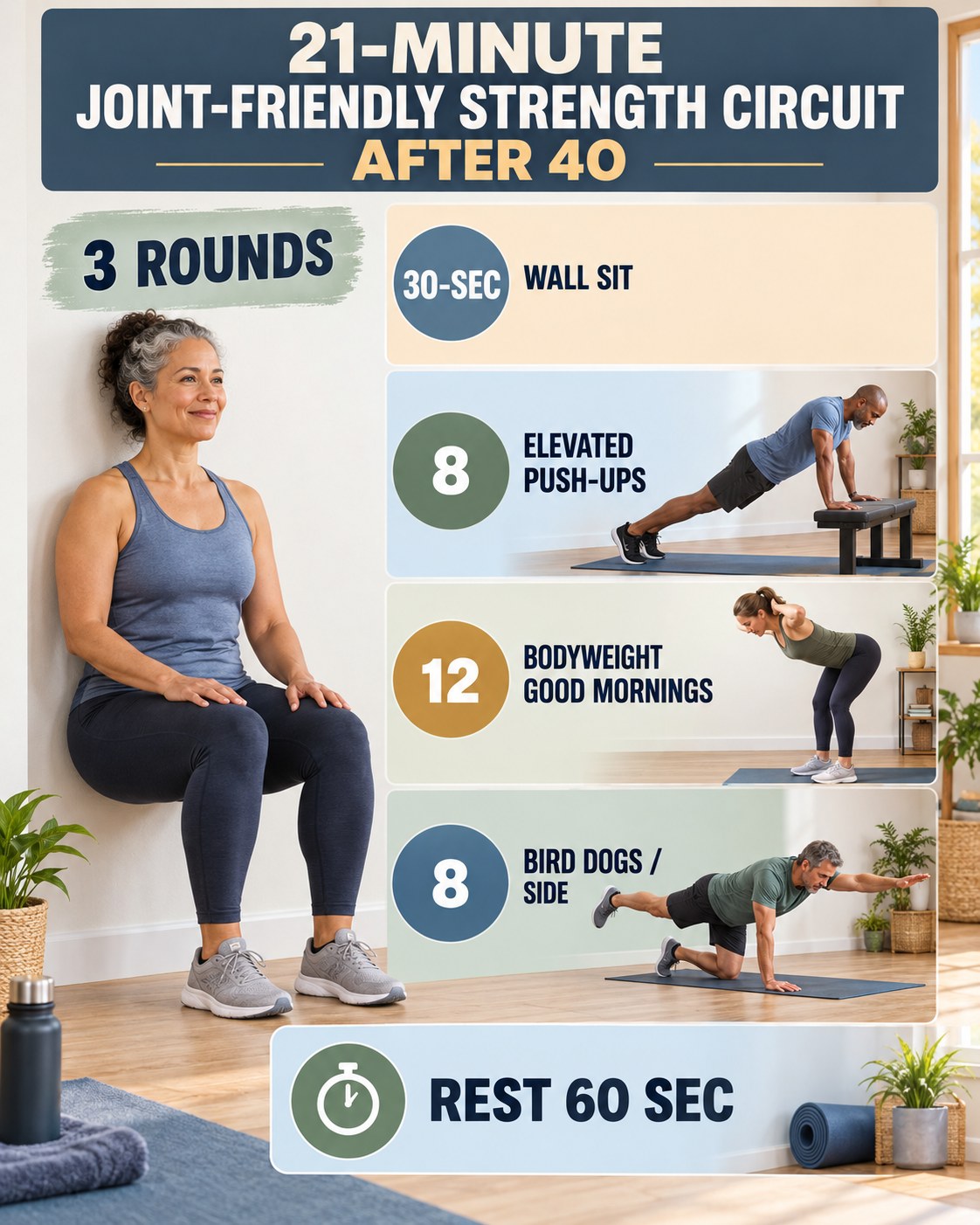 Middle-aged woman holding a wall sit beside a 21-minute joint-friendly strength circuit infographic.