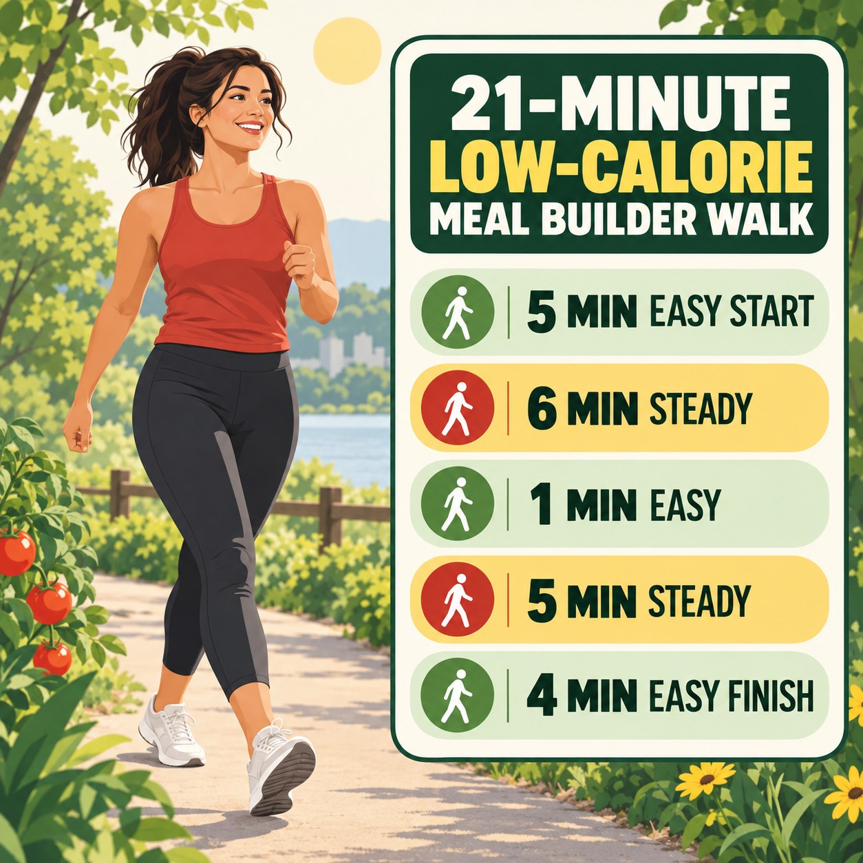 21-minute low-calorie meal builder walking routine with steady blocks and easy recovery