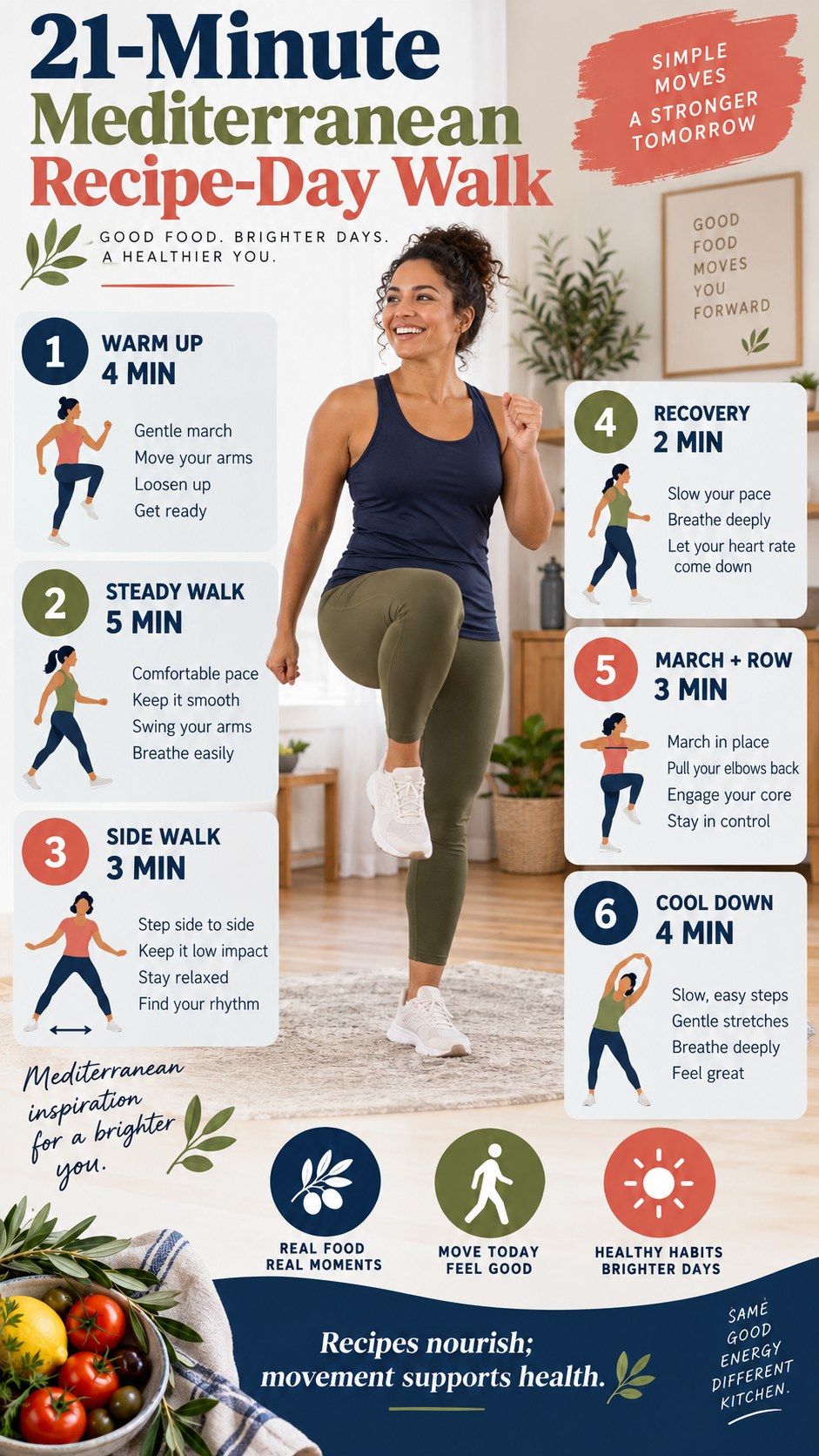 English infographic for 21-minute mediterranean recipe-day walk showing the timed low-impact workout and safety guidance.