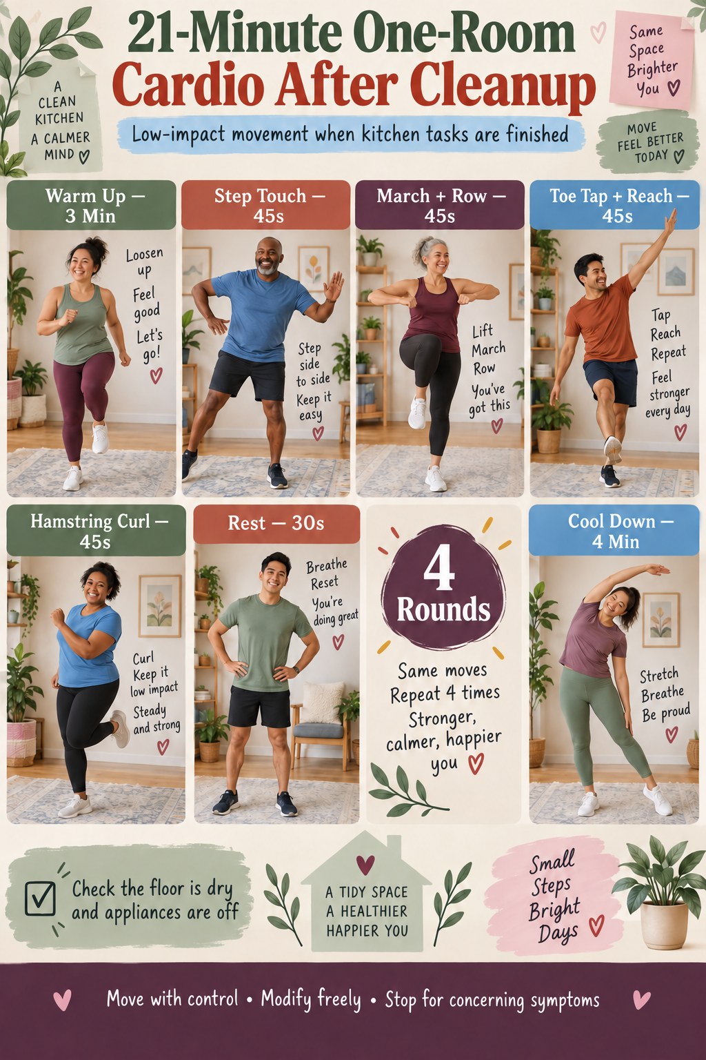 One-room cardio after cleanup infographic showing step touches, marching with rows, toe taps with reaches, hamstring curls, rest, four rounds, and a dry-floor check.