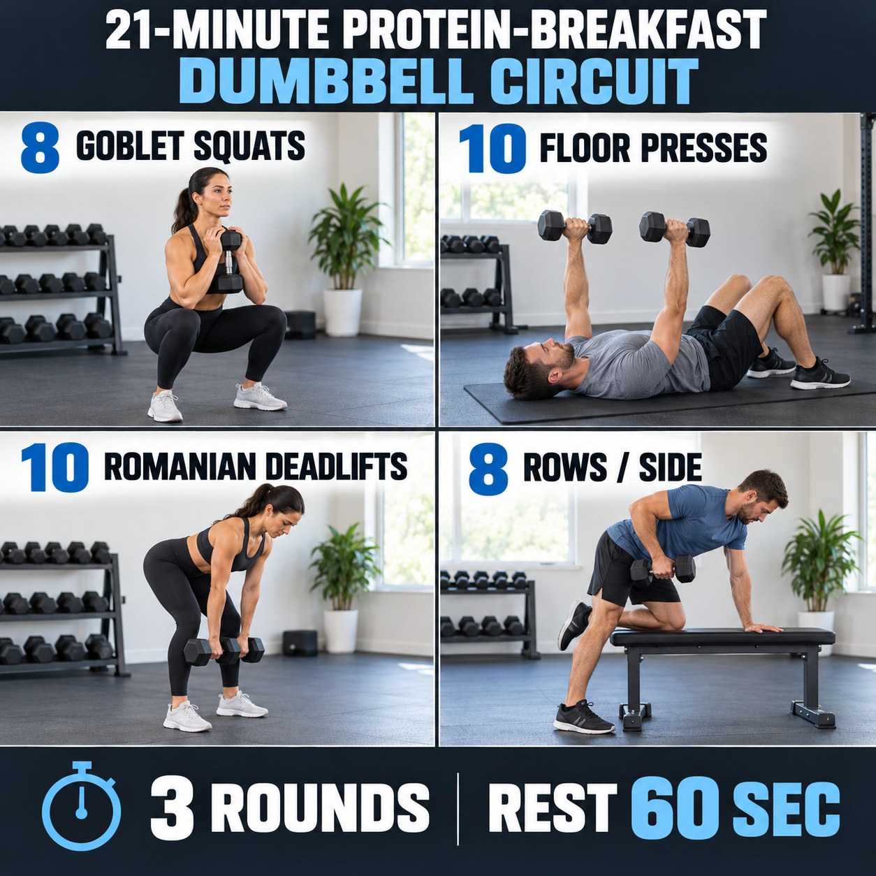 Protein-breakfast dumbbell circuit with goblet squats, floor presses, Romanian deadlifts, and supported rows