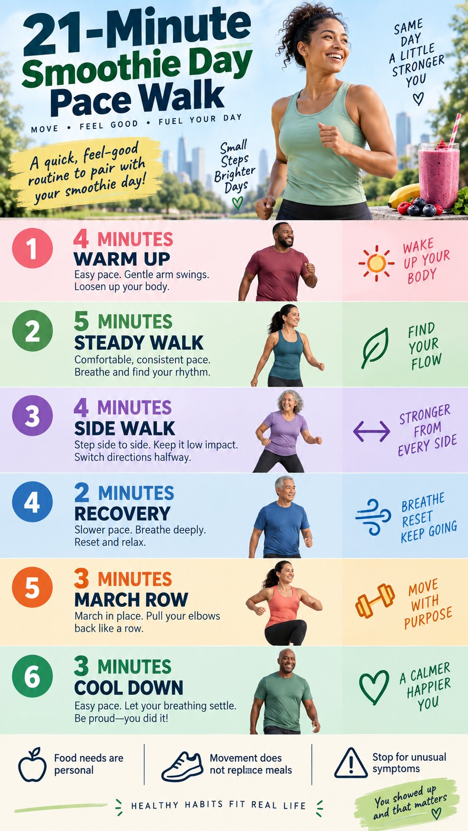 English infographic for 21-minute smoothie day pace walk with timed low-impact moves and safety guidance.