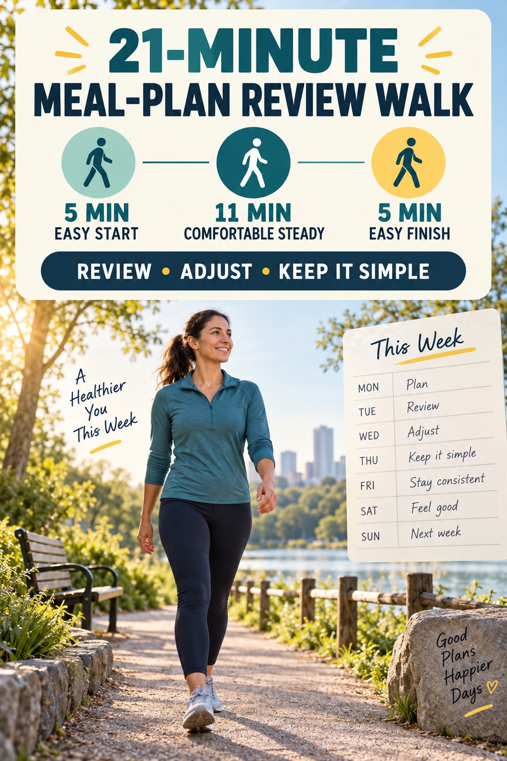 21-minute weekly meal-plan review walking routine with easy start, comfortable middle and easy finish