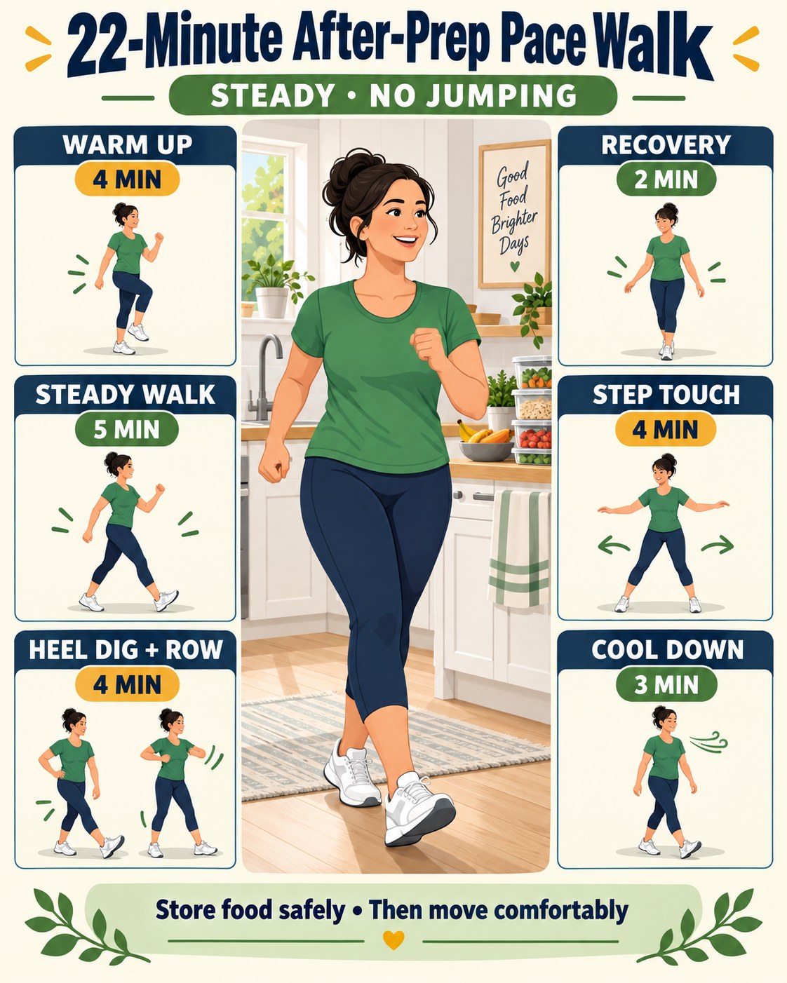 22-minute after-prep pace walk infographic with six low-impact timed blocks