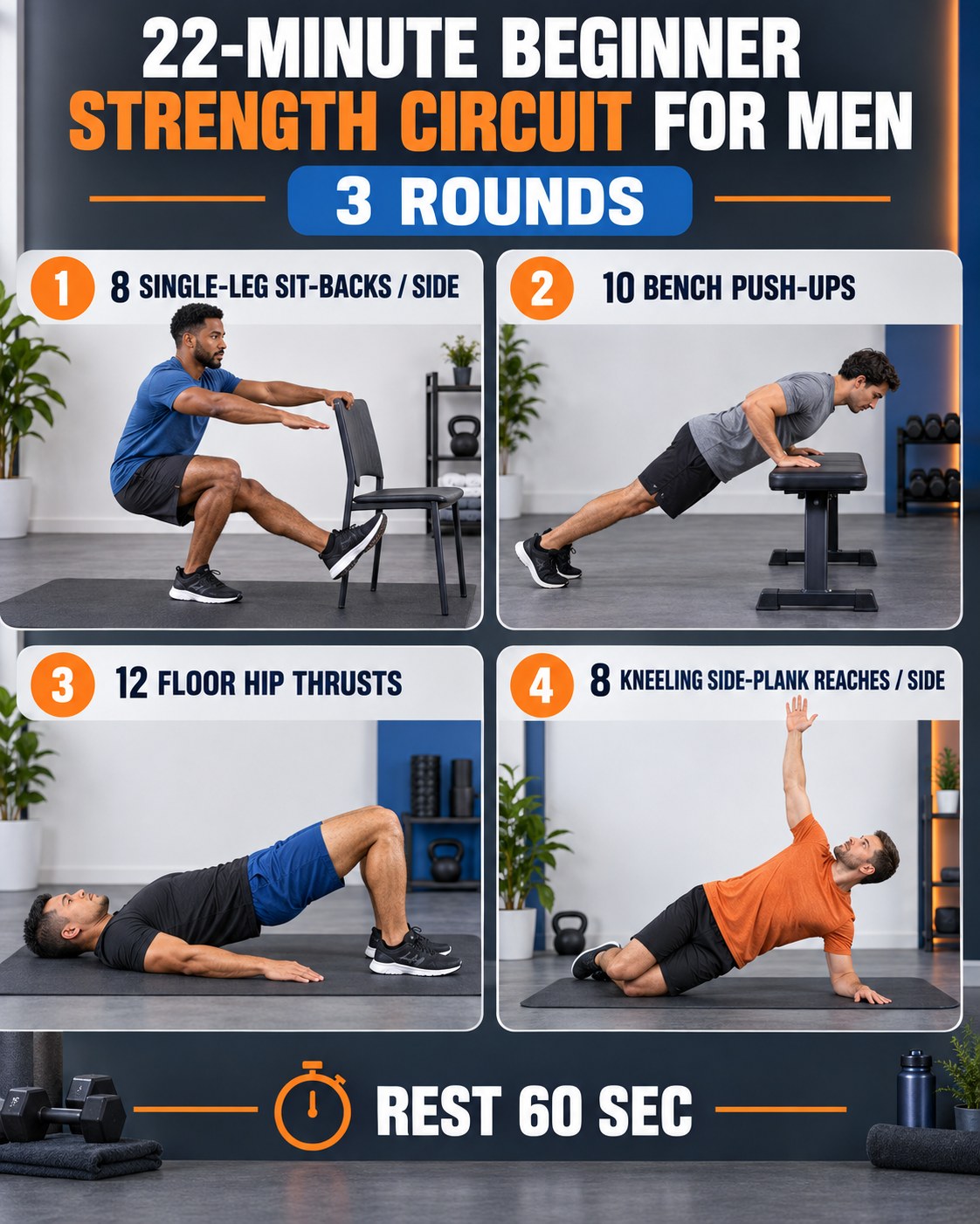 Man doing a chair-supported single-leg sit-back beside a 22-minute beginner strength circuit infographic.
