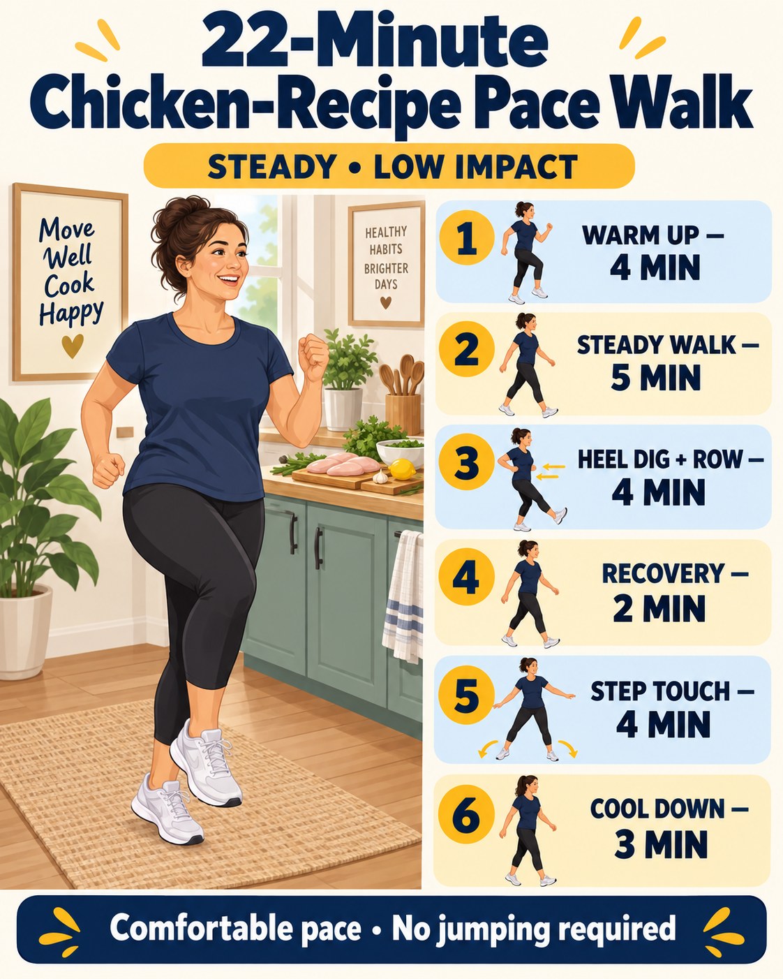 22-minute chicken-recipe pace walk infographic with six low-impact timed blocks