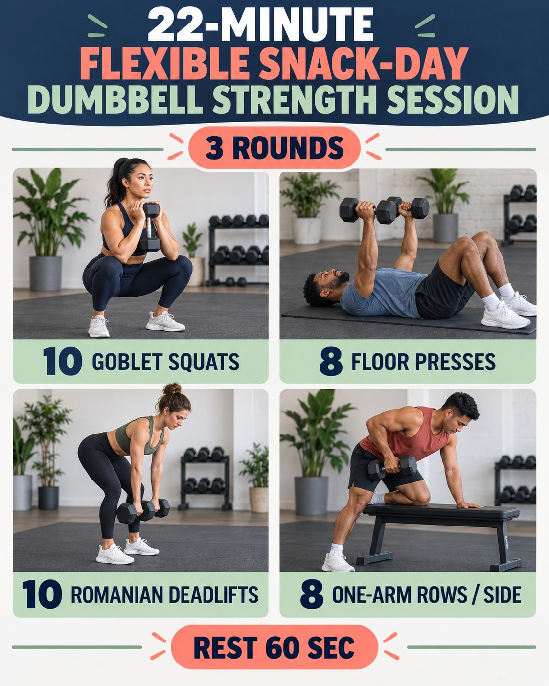 22-minute flexible snack-day dumbbell strength session with four illustrated exercises
