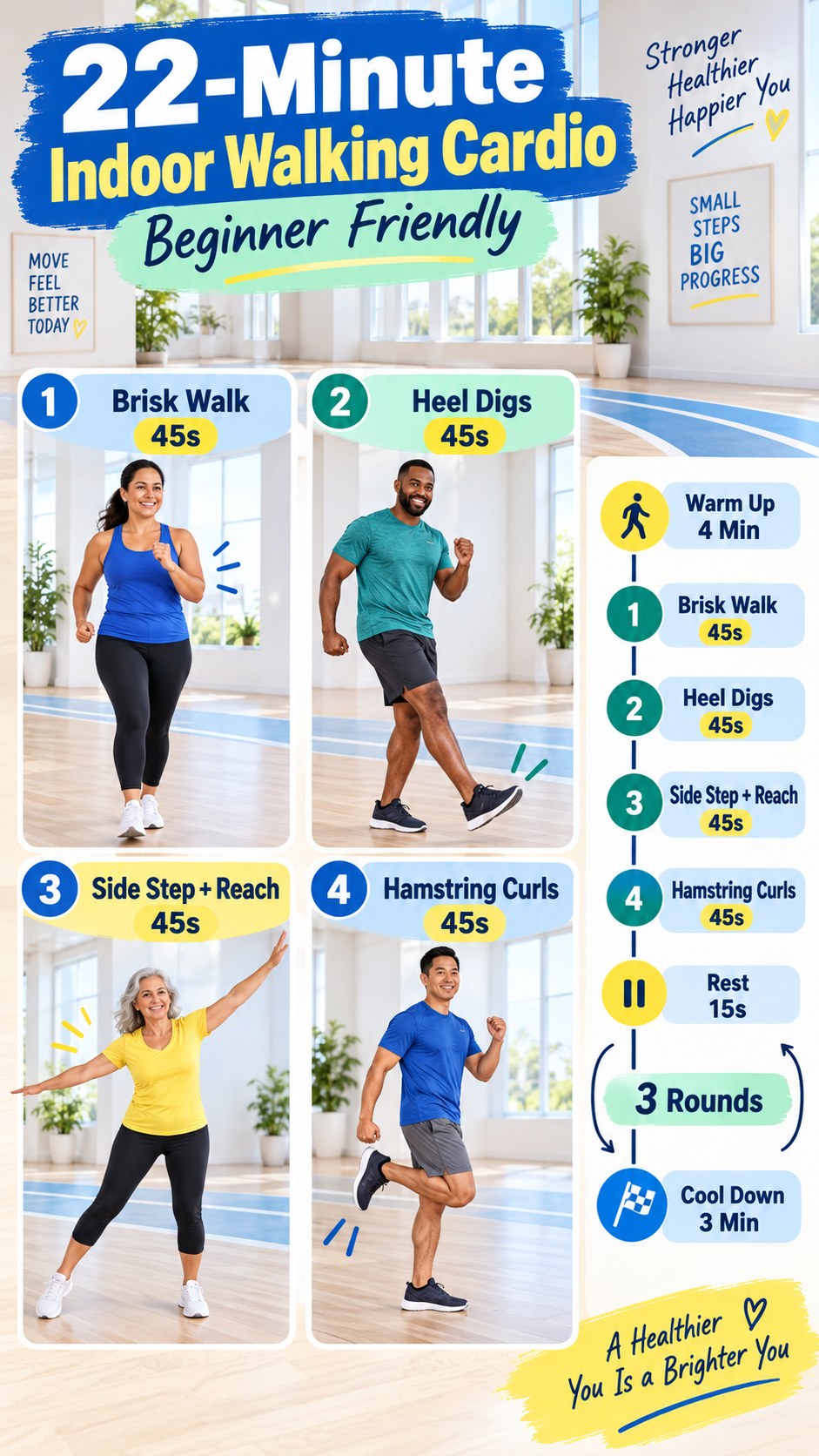 Indoor walking cardio infographic with brisk walking, heel digs, side steps with reaches, and hamstring curls.