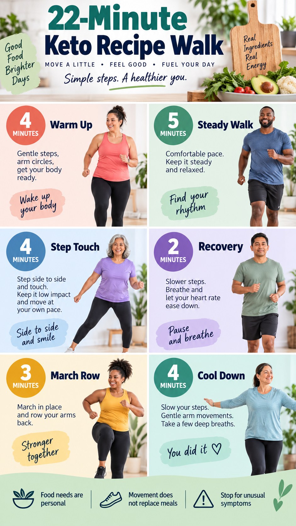English infographic for 22-minute keto recipe walk with timed low-impact moves and safety guidance.